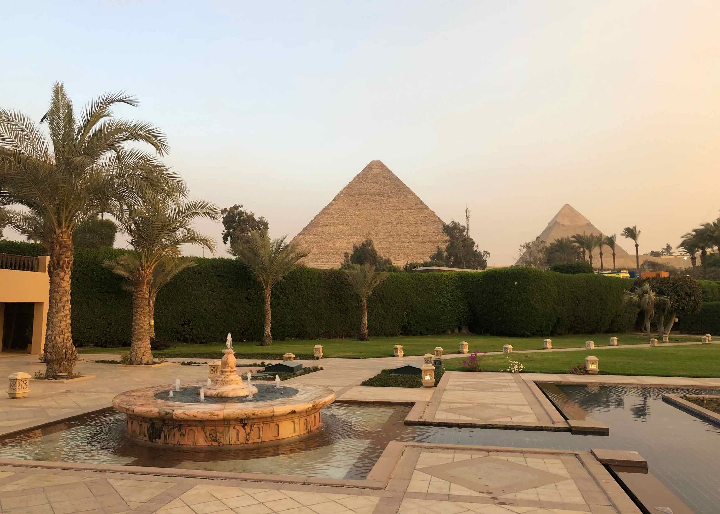 fountain, gardens and pyramids