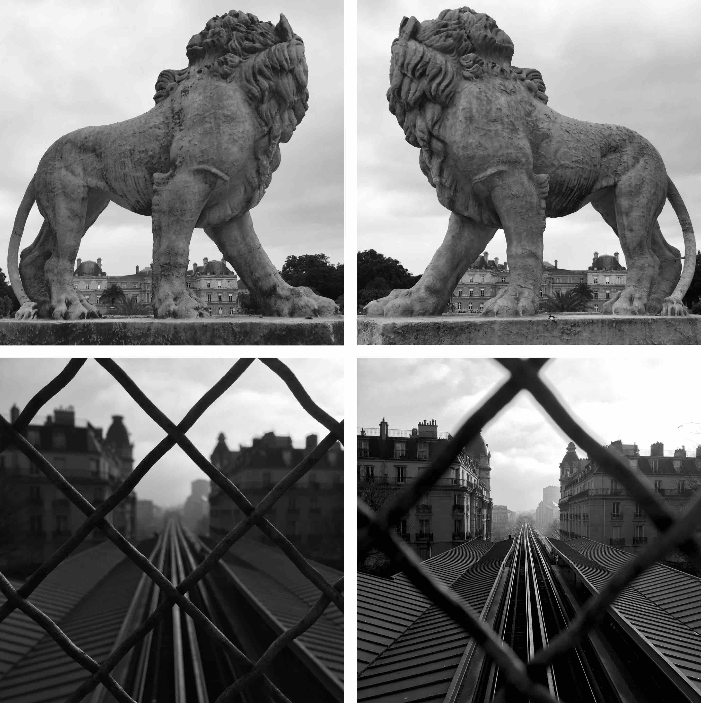 lion statues, train tracks, pyramid and columns