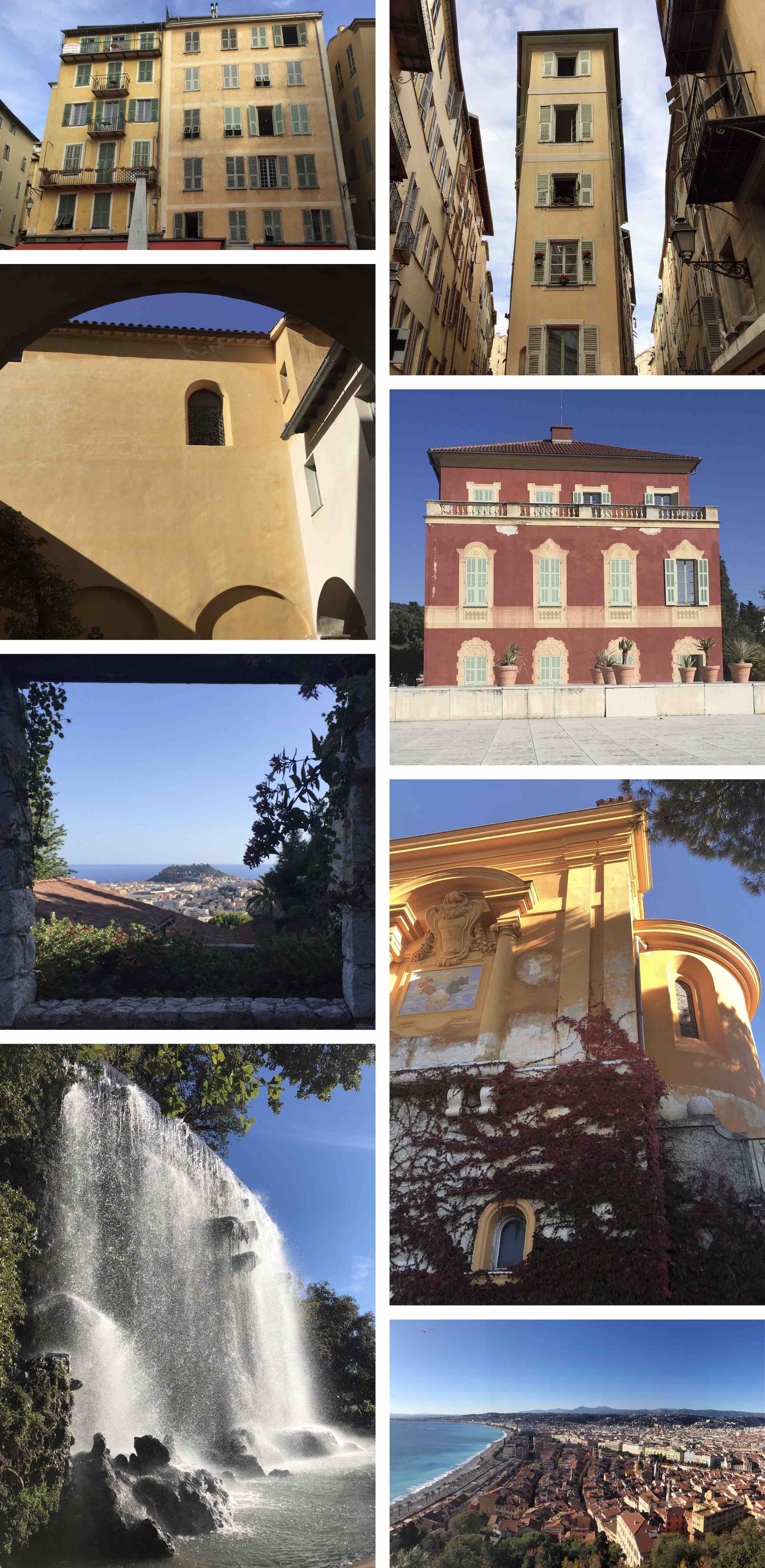 town buildings, view and waterfall