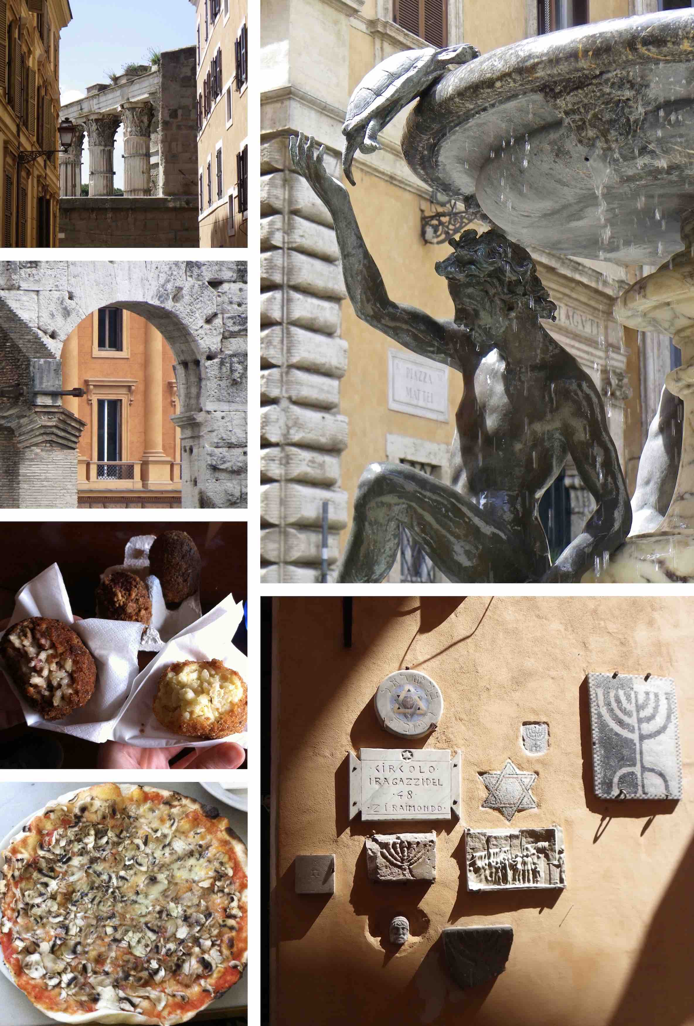 columns, arch, fountain and food